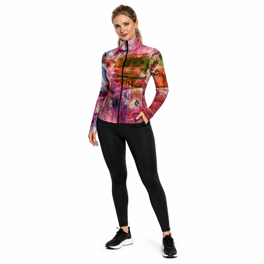 Pink Abstract Catherine Black Full Zip Top