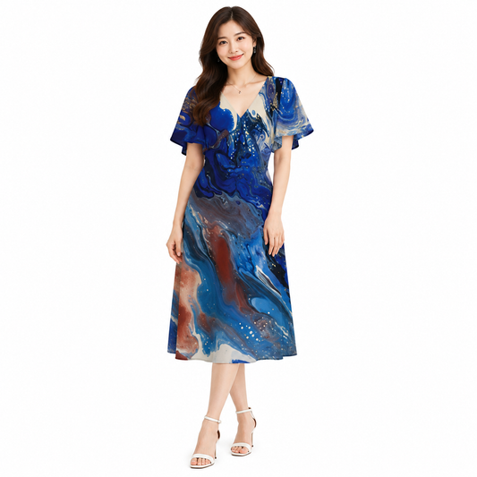 Sarah V-Neck Dress - Blueberry Waves