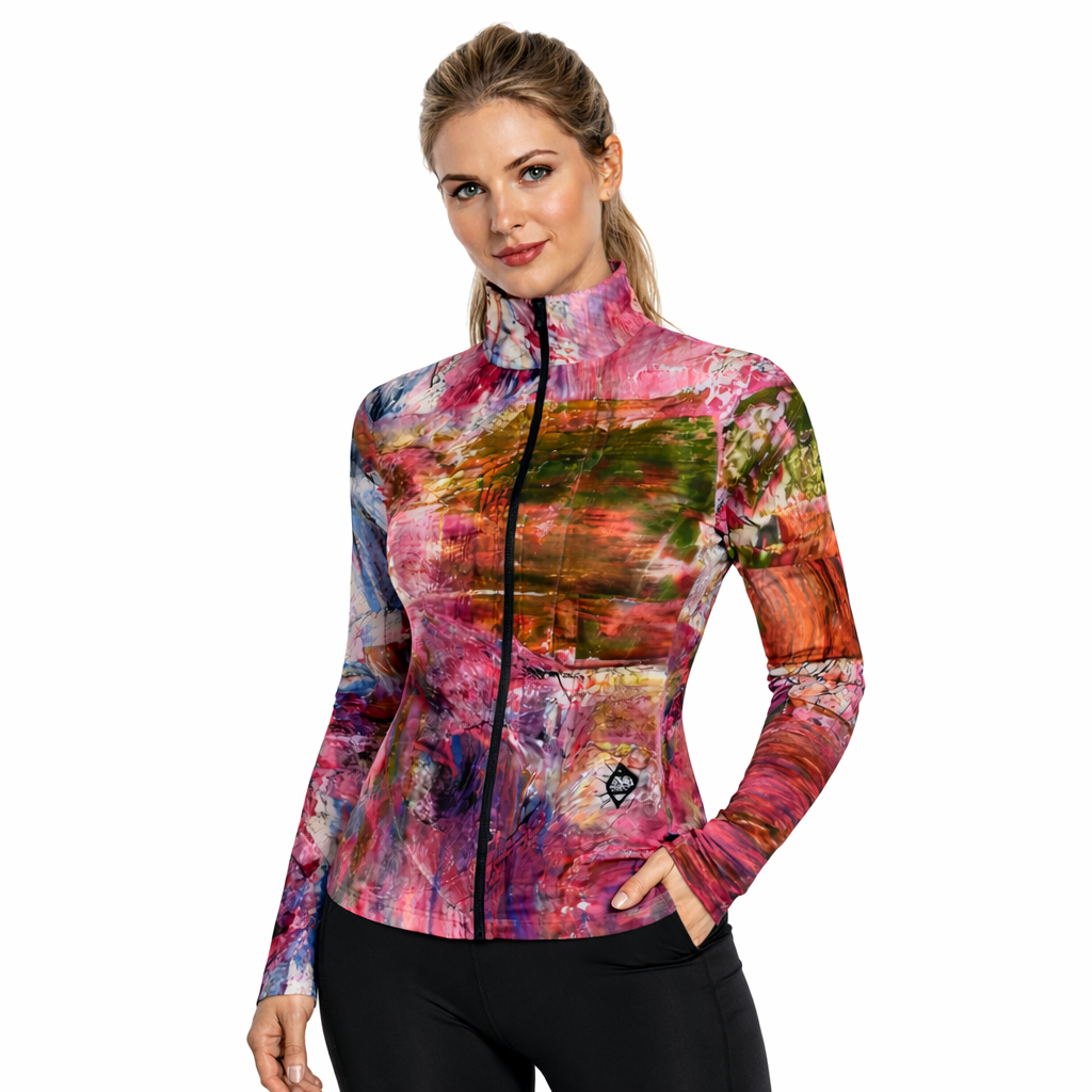 Pink Abstract Catherine Black Full Zip Top